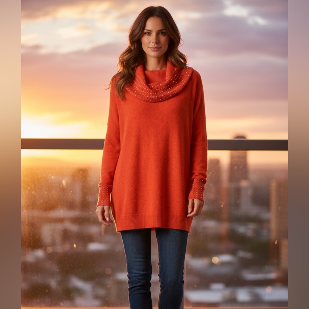 Questions Medium Sweater Studded Orange Pumpkin Gold Cowl Neck Tunic Knit